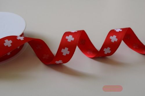 Bild von Band 25m/ 22mm, Schweizerkreuz auf Rips, rot