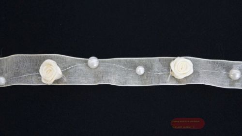 Bild von Band 2x 5m/ 25mm, Organz- Rosen & Perlen, creme