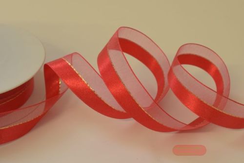 Bild von Band 20m/ 22mm, uni & tüll, rot/gold