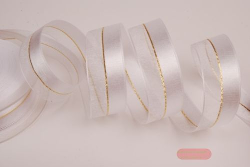 Bild von Band 20m/ 22mm, uni & tüll, weiss/gold