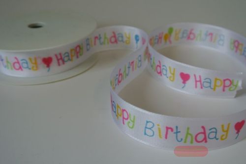 Bild von Band 20m/ 25mm, Happy Birthday, weiss/bunt