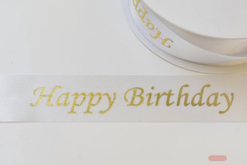 Bild von Band 25m/ 24mm, Happy Birthday, weiss/gold