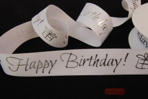 Bild von Band 20m/ 25mm, Happy Birthday, weiss/silber