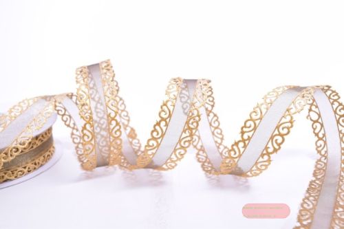 Bild von Band 10y/ 25mm, Ornamente an Organza, altgold