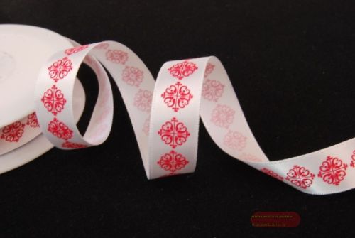 Bild von Band 20m/ 15mm, Emblem auf Satin, weiss/rot