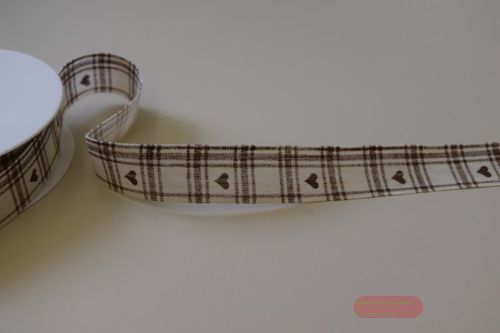 Bild von Band 20m/ 25mm, Karo mit Herz auf Leinen, braun