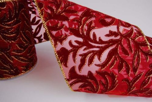 Bild von Band   5m/ 120mm, Flock leaf, rot/gold