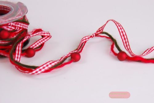 Bild von Girlande 10m/ 10mm, Vichy m. Holzperle, rot/weiss