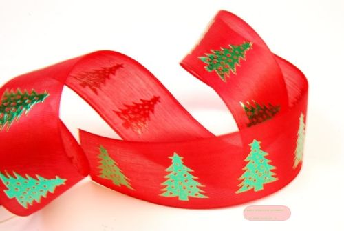 Bild von Band 20m/ 40mm, Tannenbaum auf Organza, rot/grün