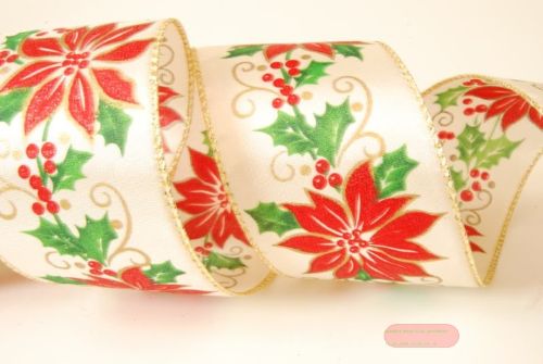 Bild von Band, 10m/ 65mm Weihnachtsstern, ecru/rot