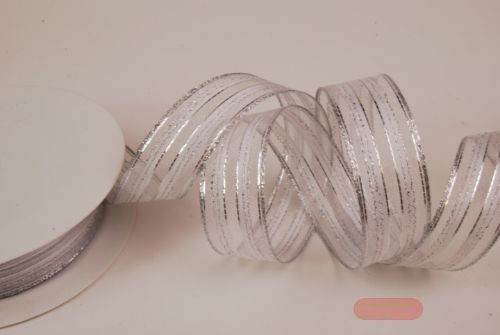 Bild von Band 25m/ 25mm, Streifen Organza, silber