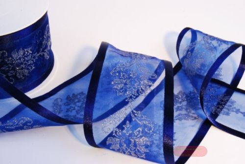 Bild von Band 25m/ 70mm, Organza mit Ornament, d'blau
