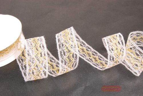 Bild von Band 10y/ 25mm, Tüll mit Motiv, weiss/gold