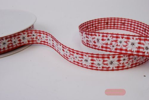 Bild von Band 20m/ 15mm, Karo Vichy mit Edelweiss, rot