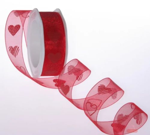 Bild von Band 20m/ 25mm, Organza m.Herz, rot/rot