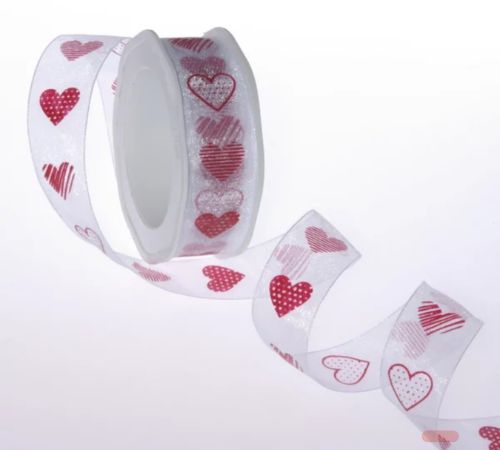 Bild von Band 20m/ 25mm, Organza m.Herz, weiss/rot