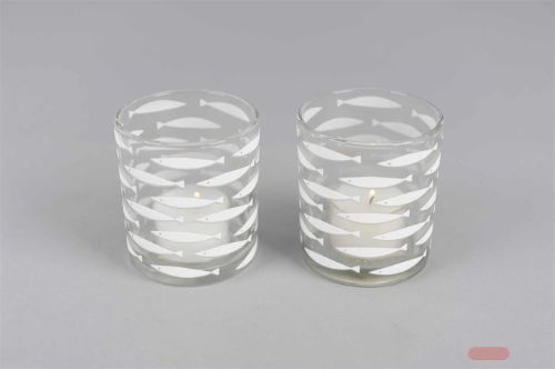 Bild von Votiv Windlicht, Fische Ø7x H8cm, weiss