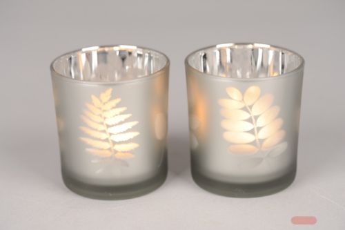 Bild von Windlicht, Blattmotiv Ø7.3x H8cm, grau
