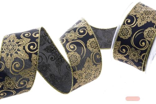 Bild von Band 10m/ 50mm, Motiv auf Schwarz - Draht, gold