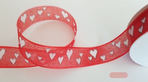 Bild von Band 25m/ 25mm, Herz, weiss-rot