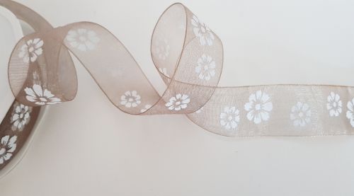 Bild von Band 20m/ 25mm, Flowers auf Organza, taupe