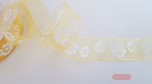 Bild von Band 20m/ 25mm, Flowers auf Organza, gelb
