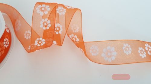 Bild von Band 20m/ 25mm, Flowers auf Organza, mandarin