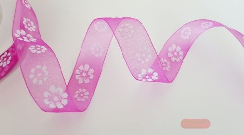 Bild von Band 20m/ 25mm, Flowers auf Organza, pink