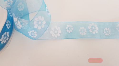 Bild von Band 20m/ 25mm, Flowers auf Organza, türkis