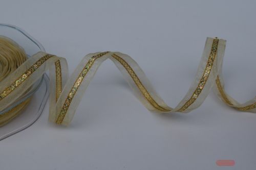 Bild von Band 15m/ 15mm, Pailletten auf Organza, ecru/gold