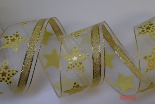 Bild von Band 15m/ 40mm, Voileband mit Sternendruck, gold