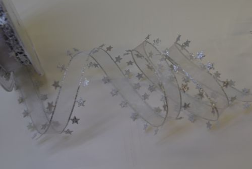 Bild von Band 20m/ 12mm, Sterne an Organza, weiss/silber