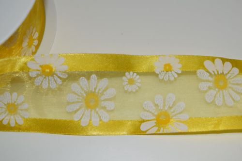 Bild von Band 25m/ 40mm, Blumen auf Organza, gelb