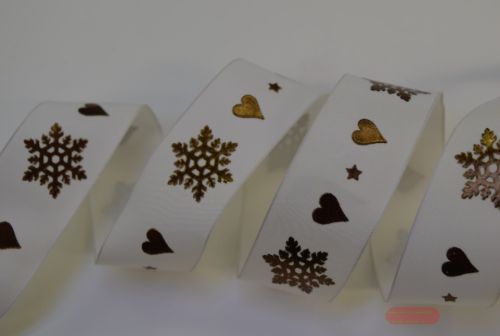 Bild von Band 25m/ 25mm, Schneeflocke & Herz, ecru/kupfer