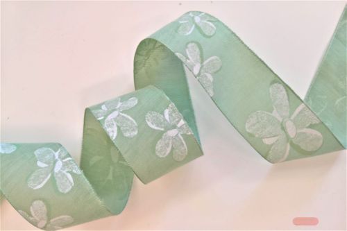 Bild von Band 25m/ 40mm, Blumen auf Leinen, grünv