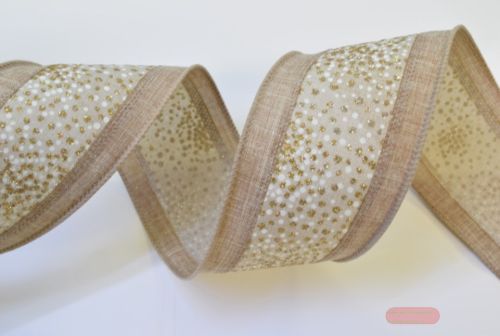 Bild von Band 10m/ 65mm, Leinen m.Glitterpunkte, weiss-gold