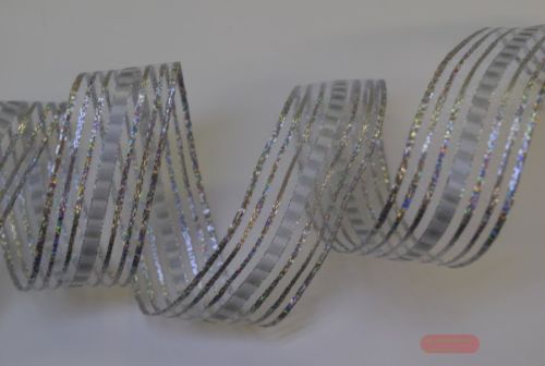 Bild von Band 20m/ 25mm, Organza m. Silberstreifen, silber