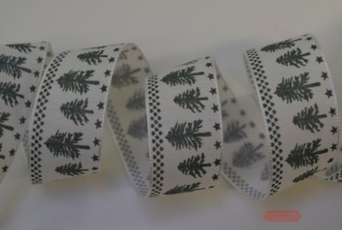 Bild von Band 15m/ 25mm, Rustiko Bäume, ecru/grün