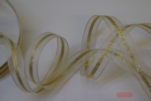 Bild von Band 20m/ 12mm, Organza Streifen, ecru/gold