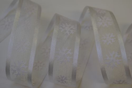 Bild von Band 15m/ 25mm, Organza m.Schneesternen, weiss