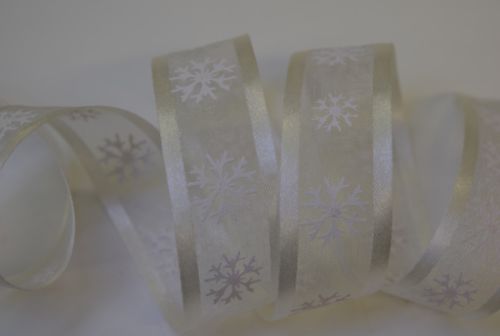 Bild von Band 15m/ 25mm, Organza m.Schneesternen, creme