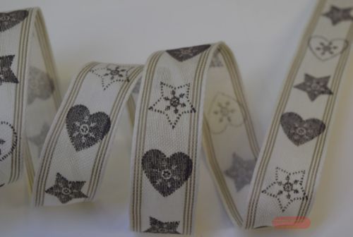 Bild von Band 20m/ 25mm, Sticksterne -Drahtkante, natur-grau