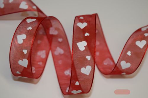 Bild von Band 25m/ 15mm, Herz, weiss/rot