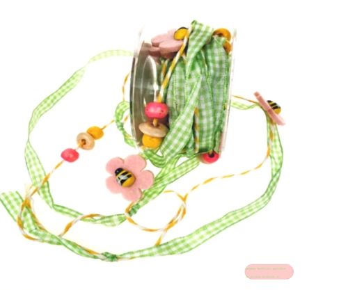 Bild von Girlande 5m/ 10mm, Vichykaro & Blüte, grün/weiss