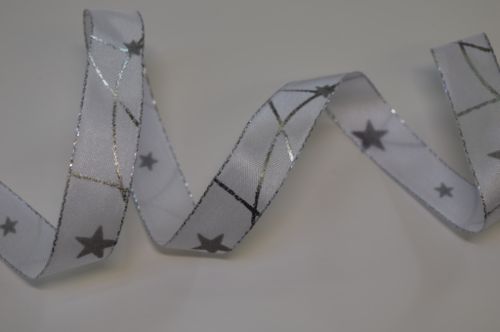 Bild von Band 20m/ 15mm, Sternen - Drahtkante, weiss/silber